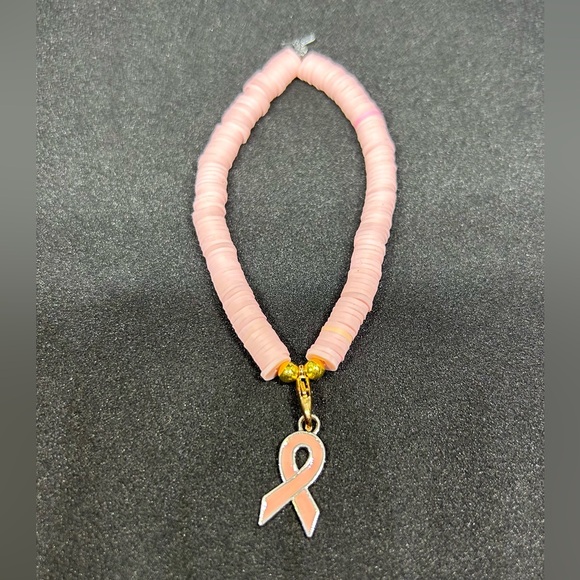 Light Pink Ribbon (Awareness) Heishi Charm Bracelet - Picture 4 of 7